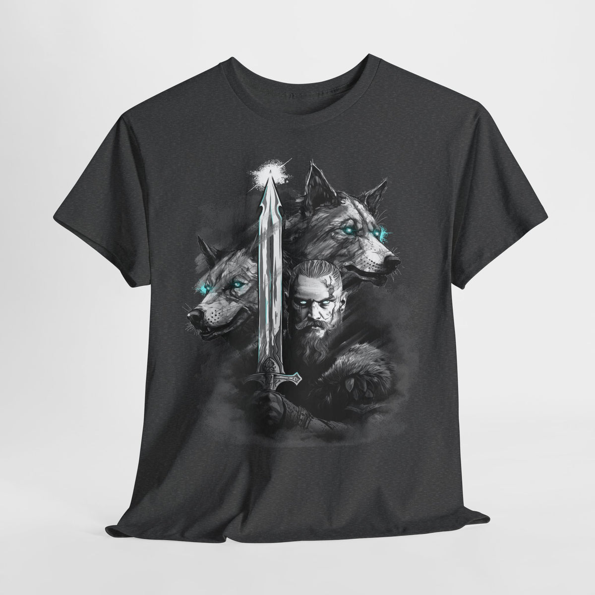 Wikinger T-Shirt – Nordischer Krieger mit Schwert & Wölfen