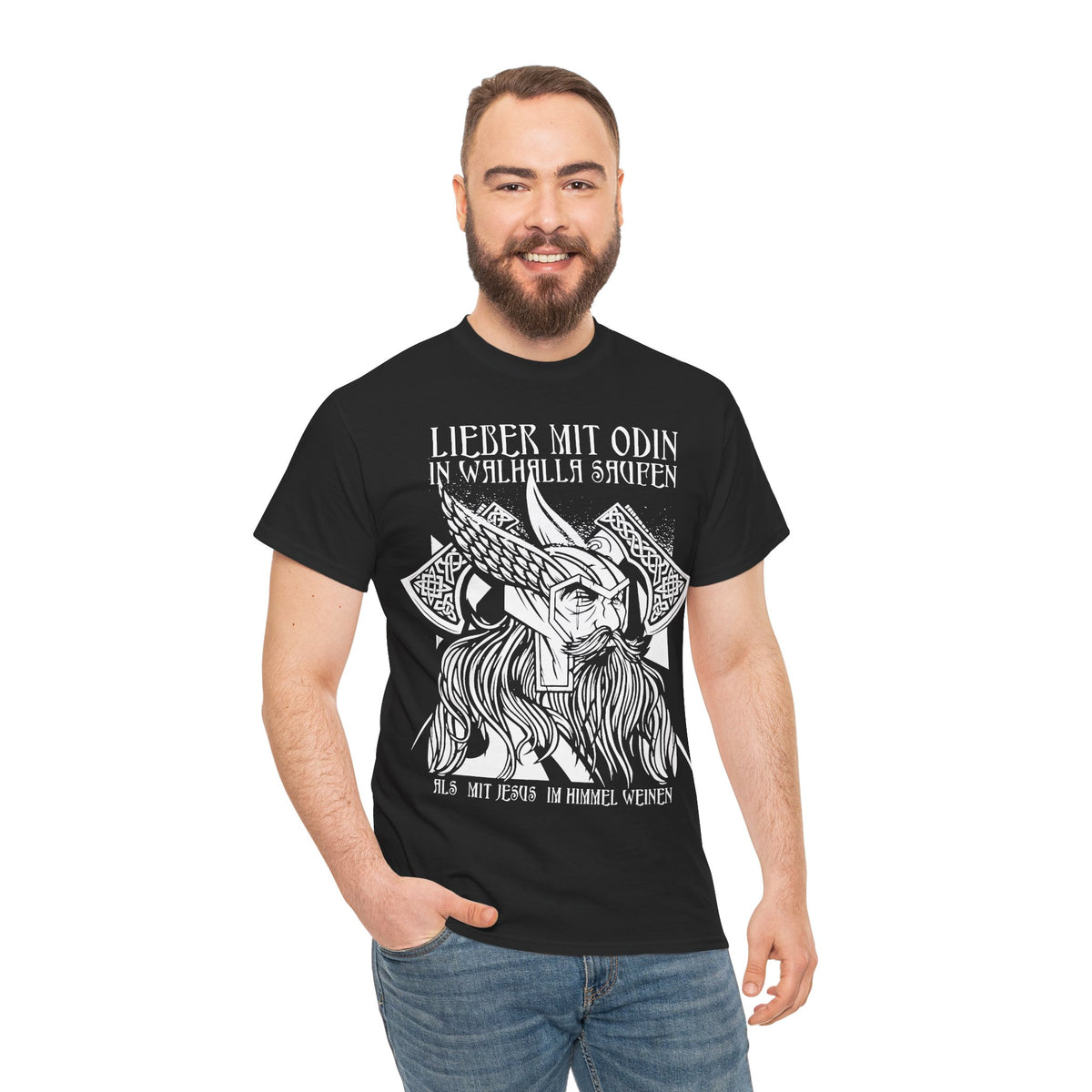 Lieber mit Odin in Walhalla saufen – Wikinger Unisex T-Shirt
