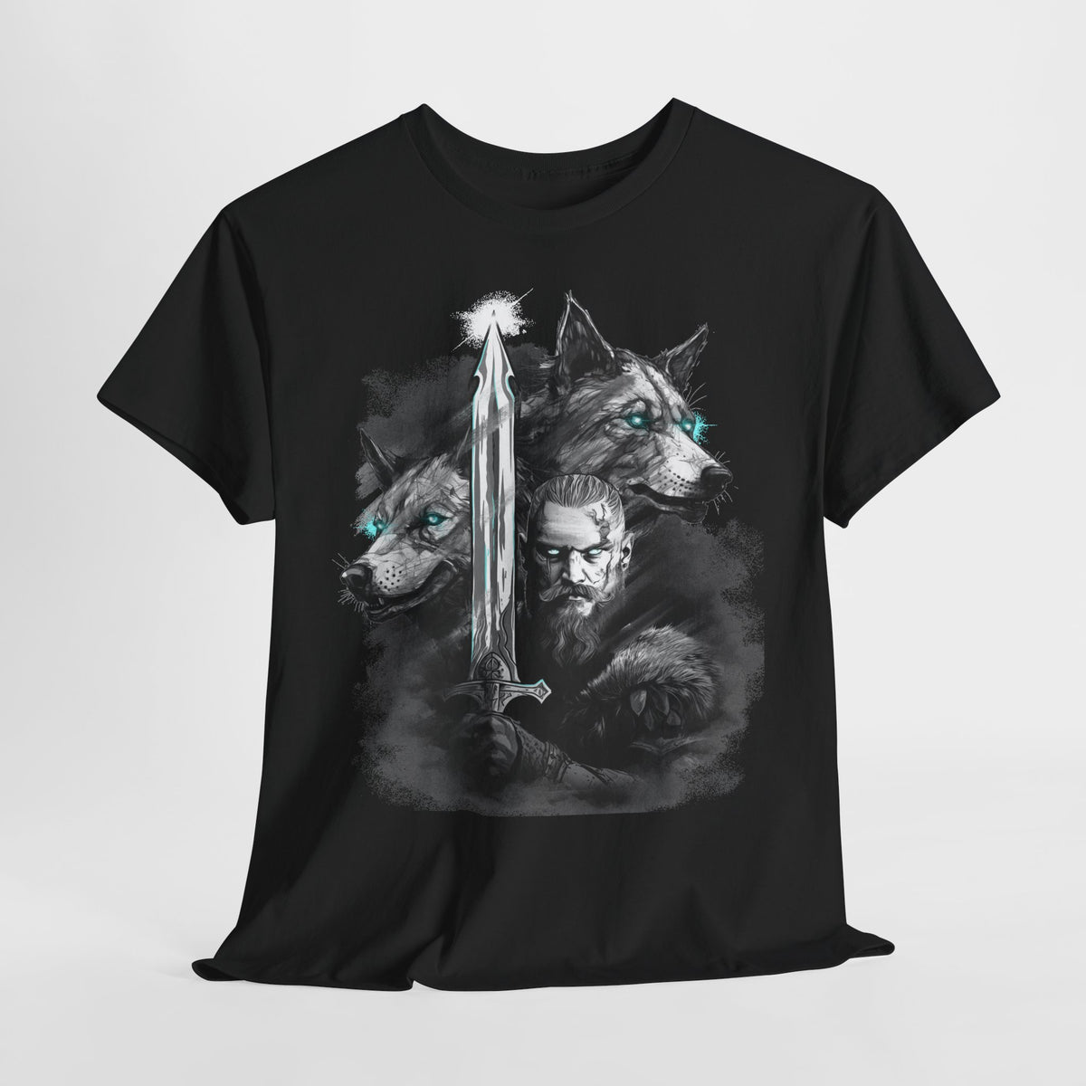 Wikinger T-Shirt – Nordischer Krieger mit Schwert & Wölfen