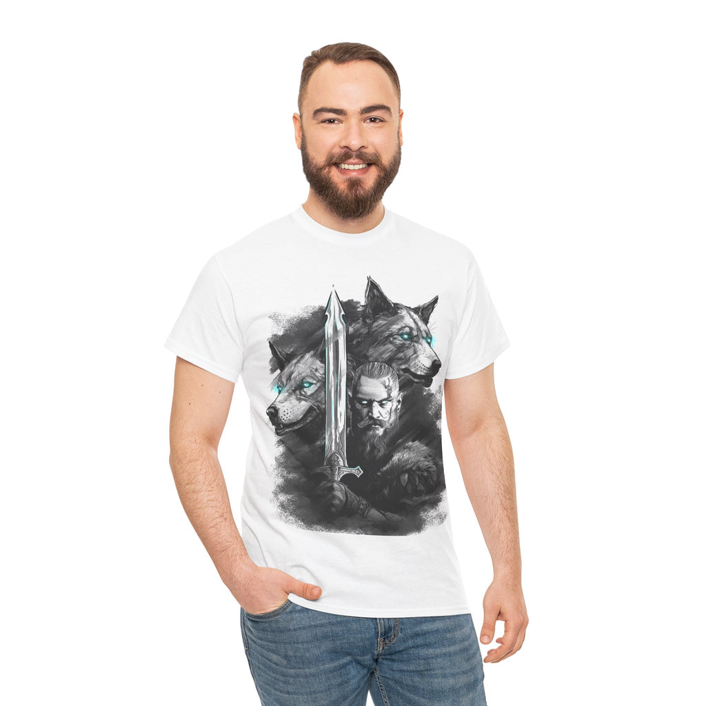 Wikinger T-Shirt – Nordischer Krieger mit Schwert & Wölfen
