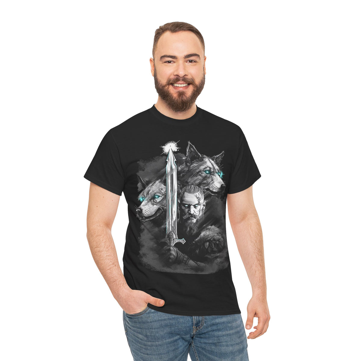 Wikinger T-Shirt – Nordischer Krieger mit Schwert & Wölfen