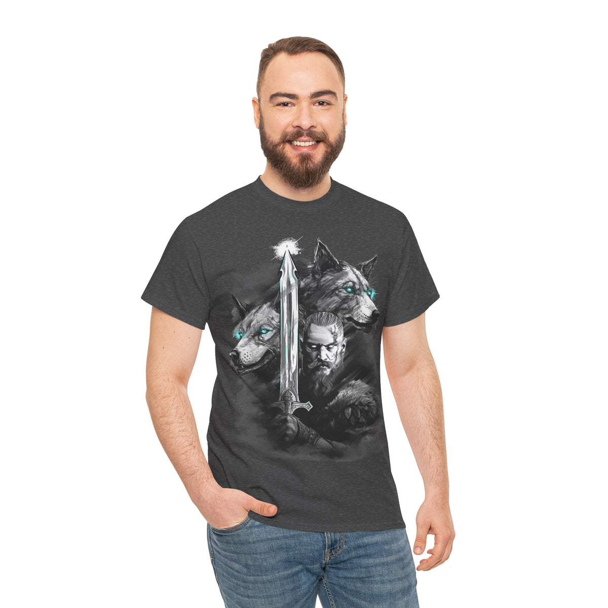Wikinger T-Shirt – Nordischer Krieger mit Schwert & Wölfen