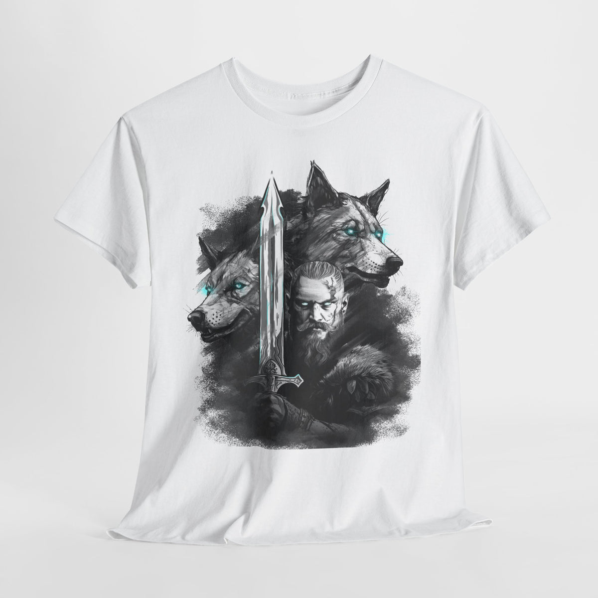 Wikinger T-Shirt – Nordischer Krieger mit Schwert & Wölfen