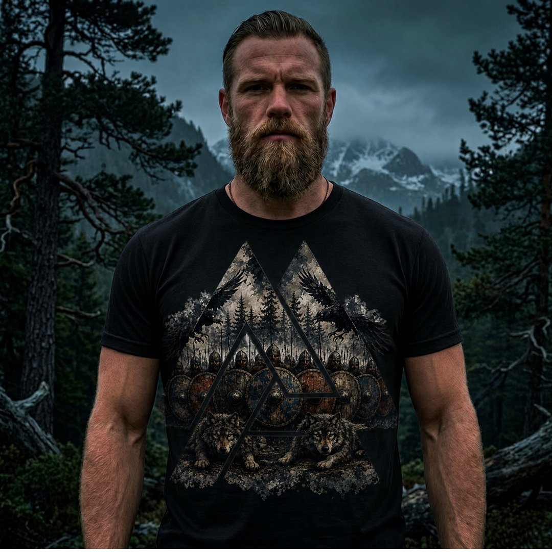 Valknut T-Shirt – Odinsknoten, Schildwall & Wölfe | Wikinger Shirt